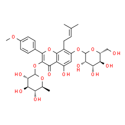 ChemSpider 2D Image | 5-Hydroxy-7-(D-mannopyranosyloxy)-2-(4-methoxyphenyl)-8-(3-methyl-2-buten-1-yl)-4-oxo-4H-chromen-3-yl 6-deoxy-L-glucopyranoside | C33H40O15