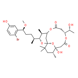 ChemSpider 2D Image | (3R,4S,9R,13S,14R)-3-[(2S,5S)-5-(2-Bromo-5-hydroxyphenyl)-5-methoxy-2-pentanyl]-13-hydroxy-9-[(1R)-1-hydroxyethyl]-4,14,16,16-tetramethyl-2,6,10,17-tetraoxatricyclo[11.3.1.1~1,5~]octadecane-7,11-dione
 (non-preferred name) | C32H47BrO10