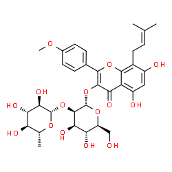 ChemSpider 2D Image | 5,7-Dihydroxy-2-(4-methoxyphenyl)-8-(3-methyl-2-buten-1-yl)-4-oxo-4H-chromen-3-yl 2-O-(6-deoxy-beta-D-glucopyranosyl)-alpha-L-mannopyranoside | C33H40O15