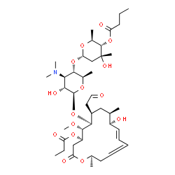 ChemSpider 2D Image | (2S,3S,4R,6S)-6-{[(2R,3S,4R,5R,6S)-4-(Dimethylamino)-5-hydroxy-6-{[(4R,5S,6S,7R,9R,10R,11E,16R)-10-hydroxy-5-methoxy-9,16-dimethyl-2-oxo-7-(2-oxoethyl)-4-(propionyloxy)oxacyclohexadeca-11,13-dien-6-yl
]oxy}-2-methyltetrahydro-2H-pyran-3-yl]oxy}-4-hydroxy-2,4-dimethyltetrahydro-2H-pyran-3-yl butanoate (non-preferred name) | C42H69NO15