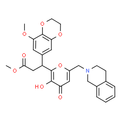 ChemSpider 2D Image | Methyl 3-[6-(3,4-dihydro-2(1H)-isoquinolinylmethyl)-3-hydroxy-4-oxo-4H-pyran-2-yl]-3-(8-methoxy-2,3-dihydro-1,4-benzodioxin-6-yl)propanoate | C28H29NO8
