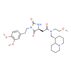ChemSpider 2D Image | 2-{(4S)-1-[2-(3,4-Dimethoxyphenyl)ethyl]-2,5-dioxo-4-imidazolidinyl}-N-(2-methoxyethyl)-N-[(1S,9aR)-octahydro-2H-quinolizin-1-ylmethyl]acetamide | C28H42N4O6
