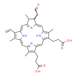 ChemSpider 2D Image | 3,3'-[(7E)-3,8,13,17-Tetramethyl-7-(2-oxoethylidene)-12-vinyl-7,8-dihydroporphyrin-2,18-diyl]dipropanoic acid | C34H34N4O5