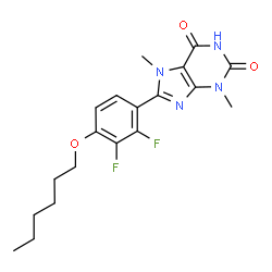 ChemSpider 2D Image | 8-[2,3-Difluoro-4-(hexyloxy)phenyl]-3,7-dimethyl-3,7-dihydro-1H-purine-2,6-dione | C19H22F2N4O3