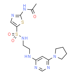 ChemSpider 2D Image | N-{5-[(2-{[6-(1-Pyrrolidinyl)-4-pyrimidinyl]amino}ethyl)sulfamoyl]-1,3-thiazol-2-yl}acetamide | C15H21N7O3S2