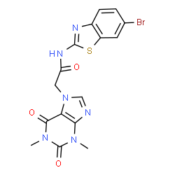 ChemSpider 2D Image | N-(6-Bromo-1,3-benzothiazol-2-yl)-2-(1,3-dimethyl-2,6-dioxo-1,2,3,6-tetrahydro-7H-purin-7-yl)acetamide | C16H13BrN6O3S