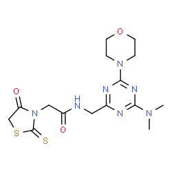 ChemSpider 2D Image | N-{[4-(Dimethylamino)-6-(4-morpholinyl)-1,3,5-triazin-2-yl]methyl}-2-(4-oxo-2-thioxo-1,3-thiazolidin-3-yl)acetamide | C15H21N7O3S2