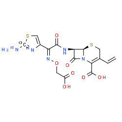 ChemSpider 2D Image | (6R,7R)-7-({(2Z)-2-[2-(~15~N)Amino(2-~13~C,~15~N)-1,3-thiazol-4-yl]-2-[(carboxymethoxy)imino]acetyl}amino)-8-oxo-3-vinyl-5-thia-1-azabicyclo[4.2.0]oct-2-ene-2-carboxylic acid | C1513CH15N315N2O7S2