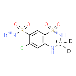 ChemSpider 2D Image | 6-Chloro(3-~13~C,3,3-~2~H_2_,2-~15~N)-3,4-dihydro-2H-1,2,4-benzothiadiazine-7-(~15~N)sulfonamide 1,1-dioxide | C613CH6D2ClN15N2O4S2