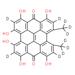 ChemSpider 2D Image | 1,3,4,6,8,13-Hexahydroxy-10,11-bis[(~2~H_3_)methyl](~2~H_4_)phenanthro[1,10,9,8-opqra]perylene-7,14-dione | C30H6D10O8
