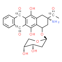 ChemSpider 2D Image | (3S)-3-Amino-3-[(1-~13~C)ethanoyl]-5,12-dihydroxy-6,11-dioxo(6,11-~13~C_2_)-1,2,3,4,6,11-hexahydro-1-tetracenyl 2-deoxy-beta-D-threo-pentopyranoside | C2213C3H25NO9