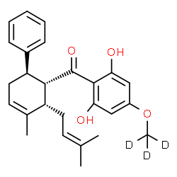 ChemSpider 2D Image | {2,6-Dihydroxy-4-[(~2~H_3_)methyloxy]phenyl}[(1R,2S,6R)-3-methyl-2-(3-methyl-2-buten-1-yl)-6-phenyl-3-cyclohexen-1-yl]methanone | C26H27D3O4