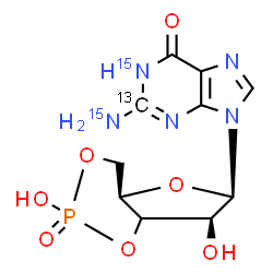 ChemSpider 2D Image | 2-(~15~N)Amino-9-[(4aR,6R,7S)-2,7-dihydroxy-2-oxidotetrahydro-4H-furo[3,2-d][1,3,2]dioxaphosphinin-6-yl](2-~13~C,1-~15~N)-1,9-dihydro-6H-purin-6-one | C913CH12N315N2O7P