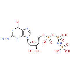 ChemSpider 2D Image | 2-Amino-9-[(2xi)-5-O-(hydroxy{[hydroxy(phosphonoamino)phosphoryl]oxy}phosphoryl)-beta-L-threo-pentofuranosyl]-3,9-dihydro-6H-purin-6-one | C10H17N6O13P3