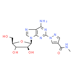ChemSpider 2D Image | 2-[4-(Methylcarbamoyl)-1H-pyrazol-1-yl]-9-[(3xi)-beta-D-threo-pentofuranosyl]-9H-purin-6-amine | C15H18N8O5