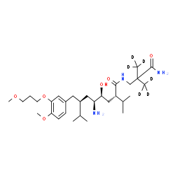 ChemSpider 2D Image | (2S,4S,5S,7S)-5-Amino-N-{3-amino-2,2-bis[(~2~H_3_)methyl]-3-oxopropyl}-4-hydroxy-2-isopropyl-7-[4-methoxy-3-(3-methoxypropoxy)benzyl]-8-methylnonanamide | C30H47D6N3O6
