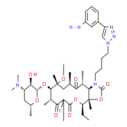 ChemSpider 2D Image | (3aS,4R,9R,10R,11R,13R,15R,15aR)-1-{4-[4-(3-Aminophenyl)-1H-1,2,3-triazol-1-yl]butyl}-4-ethyl-7-fluoro-11-methoxy-3a,7,9,11,13,15-hexamethyl-2,6,8,14-tetraoxotetradecahydro-2H-oxacyclotetradecino[4,3-
d][1,3]oxazol-10-yl 3,4,6-trideoxy-3-(dimethylamino)-beta-D-xylo-hexopyranoside | C43H65FN6O10