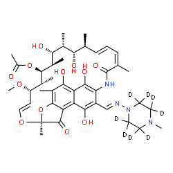 ChemSpider 2D Image | (7S,9E,11S,12R,13S,14R,15R,16R,17S,18S,19E,21Z)-2,15,17,27,29-Pentahydroxy-11-methoxy-3,7,12,14,16,18,22-heptamethyl-26-[(E)-{[4-methyl(~2~H_8_)-1-piperazinyl]imino}methyl]-6,23-dioxo-8,30-dioxa-24-az
atetracyclo[23.3.1.1~4,7~.0~5,28~]triaconta-1(28),2,4,9,19,21,25(29),26-octaen-13-yl acetate | C43H50D8N4O12