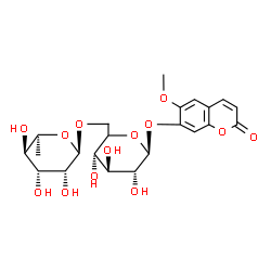 ChemSpider 2D Image | 6-Methoxy-2-oxo-2H-chromen-7-yl (5xi)-6-O-(6-deoxy-alpha-L-mannopyranosyl)-beta-D-xylo-hexopyranoside | C22H28O13