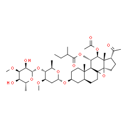 ChemSpider 2D Image | (3beta,5alpha,11alpha,12beta,14beta,17alpha)-12-Acetoxy-3-{[2,6-dideoxy-4-O-(6-deoxy-3-O-methyl-beta-D-allopyranosyl)-3-O-methyl-alpha-D-arabino-hexopyranosyl]oxy}-20-oxo-8,14-epoxypregnan-11-yl 2-met
hylbutanoate | C42H66O14