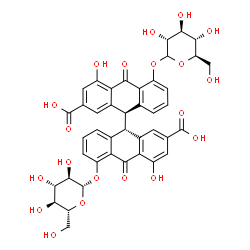 ChemSpider 2D Image | (9S,9'R)-5-(beta-D-Glucopyranosyloxy)-5'-(D-glucopyranosyloxy)-4,4'-dihydroxy-10,10'-dioxo-9,9',10,10'-tetrahydro-9,9'-bianthracene-2,2'-dicarboxylic acid | C42H38O20