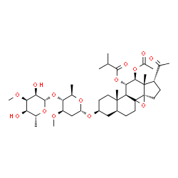 ChemSpider 2D Image | (3beta,5alpha,8xi,11alpha,12beta,14beta,17alpha)-12-Acetoxy-3-{[2,6-dideoxy-4-O-(6-deoxy-3-O-methyl-beta-D-allopyranosyl)-3-O-methyl-alpha-D-arabino-hexopyranosyl]oxy}-20-oxo-8,14-epoxypregnan-11-yl 2
-methylpropanoate | C41H64O14
