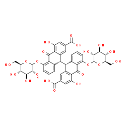 ChemSpider 2D Image | (9R,9'R)-5,5'-Bis(D-glucopyranosyloxy)-4,4'-dihydroxy-10,10'-dioxo-9,9',10,10'-tetrahydro-9,9'-bianthracene-2,2'-dicarboxylic acid | C42H38O20