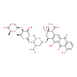 ChemSpider 2D Image | Methyl (1R,2R,4S)-2-ethyl-2,5,7-trihydroxy-6,11-dioxo-4-{[(3xi)-2,3,6-trideoxy-4-O-{2,6-dideoxy-4-O-[(2S,6S)-6-methyl-5-oxotetrahydro-2H-pyran-2-yl]-beta-L-lyxo-hexopyranosyl}-3-(dimethylamino)-L-thre
o-hexopyranosyl]oxy}-1,2,3,4,6,11-hexahydro-1-tetracenecarboxylate | C42H53NO15