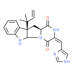 ChemSpider 2D Image | (3E,10bR,11aS)-3-(1H-Imidazol-4-ylmethylene)-10b-(2-methyl-3-buten-2-yl)-6,10b,11,11a-tetrahydro-2H-pyrazino[1',2':1,5]pyrrolo[2,3-b]indole-1,4(3H,5aH)-dione | C22H23N5O2