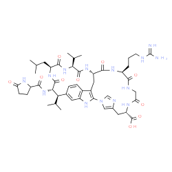 ChemSpider 2D Image | (8R,9S,12S,15S,18S,21S,27S)-21-(3-Carbamimidamidopropyl)-12-isobutyl-8,15-diisopropyl-10,13,16,19,22,25-hexaoxo-9-[(5-oxoprolyl)amino]-2,11,14,17,20,23,26,30,32-nonaazapentacyclo[16.14.2.1~3,7~.1~29,3
2~.0~4,33~]hexatriaconta-1(33),3(36),4,6,29(35),30-hexaene-27-carboxylic acid | C47H66N14O10