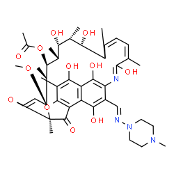 ChemSpider 2D Image | (7S,9E,11S,12R,13S,14R,15R,16R,17S,21Z)-2,15,17,23,27,29-Hexahydroxy-11-methoxy-3,7,12,14,16,18,22-heptamethyl-26-{(E)-[(4-methyl-1-piperazinyl)imino]methyl}-6-oxo-8,30-dioxa-24-azatetracyclo[23.3.1.1
~4,7~.0~5,28~]triaconta-1(28),2,4,9,19,21,23,25(29),26-nonaen-13-yl acetate | C43H58N4O12