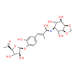 ChemSpider 2D Image | (1Z,2E)-3-{4-[(6-Deoxy-beta-D-arabino-hexofuranosyl-5-ulose)oxy]-3-hydroxyphenyl}-2-methyl-N-[(3aS,4R,5S,6S,7R,7aR)-4,6,7-trihydroxyhexahydro-1,3-benzodioxol-5-yl]-2-propenimidic acid | C23H29NO12