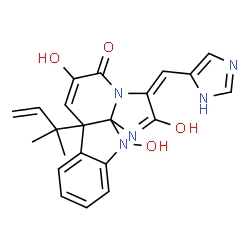 ChemSpider 2D Image | (3E)-2,6,12-Trihydroxy-3-(1H-imidazol-5-ylmethylene)-7a-(2-methyl-3-buten-2-yl)-7a,12-dihydro-3H,5H-imidazo[1',2':1,2]pyrido[2,3-b]indol-5-one | C22H21N5O4