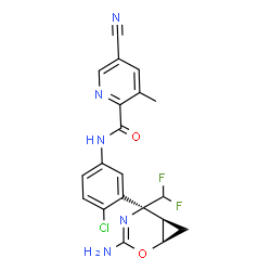 ChemSpider 2D Image | N-{3-[(1R,5S,6R)-3-Amino-5-(difluoromethyl)-2-oxa-4-azabicyclo[4.1.0]hept-3-en-5-yl]-4-chlorophenyl}-5-cyano-3-methyl-2-pyridinecarboxamide | C20H16ClF2N5O2