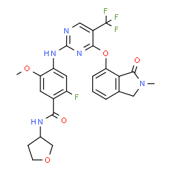 ChemSpider 2D Image | 2-Fluoro-5-methoxy-4-({4-[(2-methyl-3-oxo-2,3-dihydro-1H-isoindol-4-yl)oxy]-5-(trifluoromethyl)-2-pyrimidinyl}amino)-N-(tetrahydro-3-furanyl)benzamide | C26H23F4N5O5
