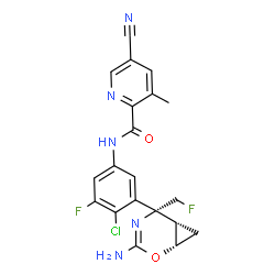 ChemSpider 2D Image | N-{3-[(1S,5R,6S)-3-Amino-5-(fluoromethyl)-2-oxa-4-azabicyclo[4.1.0]hept-3-en-5-yl]-4-chloro-5-fluorophenyl}-5-cyano-3-methyl-2-pyridinecarboxamide | C20H16ClF2N5O2