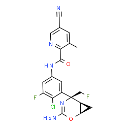 ChemSpider 2D Image | N-{3-[(1R,5S,6R)-3-Amino-5-(fluoromethyl)-2-oxa-4-azabicyclo[4.1.0]hept-3-en-5-yl]-4-chloro-5-fluorophenyl}-5-cyano-3-methyl-2-pyridinecarboxamide | C20H16ClF2N5O2
