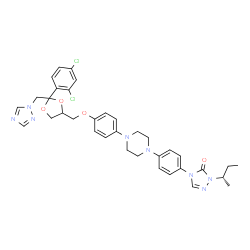 ChemSpider 2D Image | 2-[(2S)-2-Butanyl]-4-{4-[4-(4-{[2-(2,4-dichlorophenyl)-2-(1H-1,2,4-triazol-1-ylmethyl)-1,3-dioxolan-4-yl]methoxy}phenyl)-1-piperazinyl]phenyl}-2,4-dihydro-3H-1,2,4-triazol-3-one | C35H38Cl2N8O4