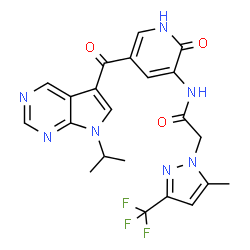 ChemSpider 2D Image | N-{5-[(7-Isopropyl-7H-pyrrolo[2,3-d]pyrimidin-5-yl)carbonyl]-2-oxo-1,2-dihydro-3-pyridinyl}-2-[5-methyl-3-(trifluoromethyl)-1H-pyrazol-1-yl]acetamide | C22H20F3N7O3