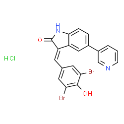 ChemSpider 2D Image | (3E)-3-(3,5-Dibromo-4-hydroxybenzylidene)-5-(3-pyridinyl)-1,3-dihydro-2H-indol-2-one hydrochloride (1:1) | C20H13Br2ClN2O2