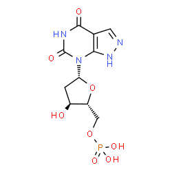 ChemSpider 2D Image | 7-(2-Deoxy-5-O-phosphono-beta-D-erythro-pentofuranosyl)-1H-pyrazolo[3,4-d]pyrimidine-4,6(5H,7H)-dione | C10H13N4O8P