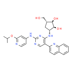 ChemSpider 2D Image | (1S,2R,3R,5R)-3-(Hydroxymethyl)-5-({2-[(2-isopropoxy-4-pyridinyl)amino]-5-(2-quinolinyl)-4-pyrimidinyl}amino)-1,2-cyclopentanediol | C27H30N6O4