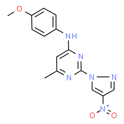 ChemSpider 2D Image | N-(4-methoxyphenyl)-6-methyl-2-(4-nitropyrazol-1-yl)pyrimidin-4-amine | C15H14N6O3