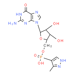 ChemSpider 2D Image | 5'-O-[(R)-Hydroxy(3-methyl-1H-pyrazol-4-yl)phosphoryl]guanosine | C14H18N7O7P