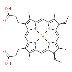 ChemSpider 2D Image | [3,3'-{(7E,12E)-7,12-Di[(1E)-ethylidene]-3,8,13,17-tetramethyl-7,12,22,24-tetrahydroporphyrin-2,18-diyl-kappa~4~N~21~,N~22~,N~23~,N~24~}dipropanoato(4-)]iron | C34H34FeN4O4
