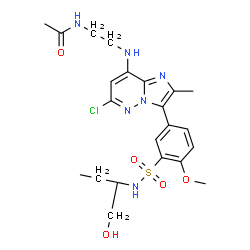 ChemSpider 2D Image | N-(2-{[6-Chloro-3-(3-{[(2R)-1-hydroxy-2-butanyl]sulfamoyl}-4-methoxyphenyl)-2-methylimidazo[1,2-b]pyridazin-8-yl]amino}ethyl)acetamide | C22H29ClN6O5S