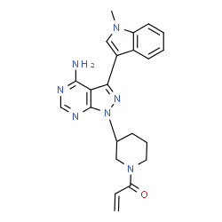 ChemSpider 2D Image | 1-{(3R)-3-[4-Amino-3-(1-methyl-1H-indol-3-yl)-1H-pyrazolo[3,4-d]pyrimidin-1-yl]-1-piperidinyl}-2-propen-1-one | C22H23N7O
