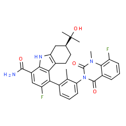 ChemSpider 2D Image | (7S)-3-fluoro-4-[3-(8-fluoro-1-methyl-2,4-dioxoquinazolin-3-yl)-2-methylphenyl]-7-(2-hydroxypropan-2-yl)-6,7,8,9-tetrahydro-5H-carbazole-1-carboxamide | C32H30F2N4O4