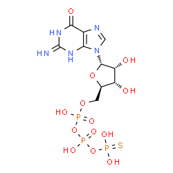ChemSpider 2D Image | 9-[5-O-(Hydroxy{[hydroxy(thiophosphonooxy)phosphoryl]oxy}phosphoryl)-alpha-D-ribofuranosyl]-2-imino-1,2,3,9-tetrahydro-6H-purin-6-one | C10H16N5O13P3S