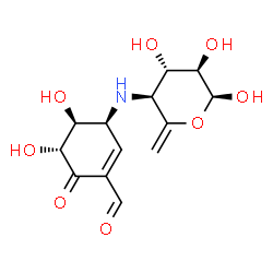 ChemSpider 2D Image | 4,6-Dideoxy-4-{[(1S,5R,6S)-3-formyl-5,6-dihydroxy-4-oxo-2-cyclohexen-1-yl]amino}-alpha-D-xylo-hex-5-enopyranose | C13H17NO8